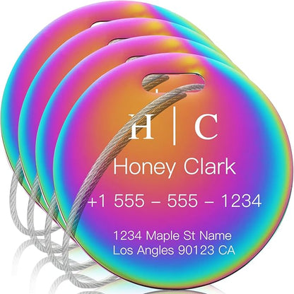 Stainless Luggage Tags for Suitcases 4 Pack: Metal Personalized Luggage Tags for Backpacks & Bags with Customizable Texts (Rainbow)