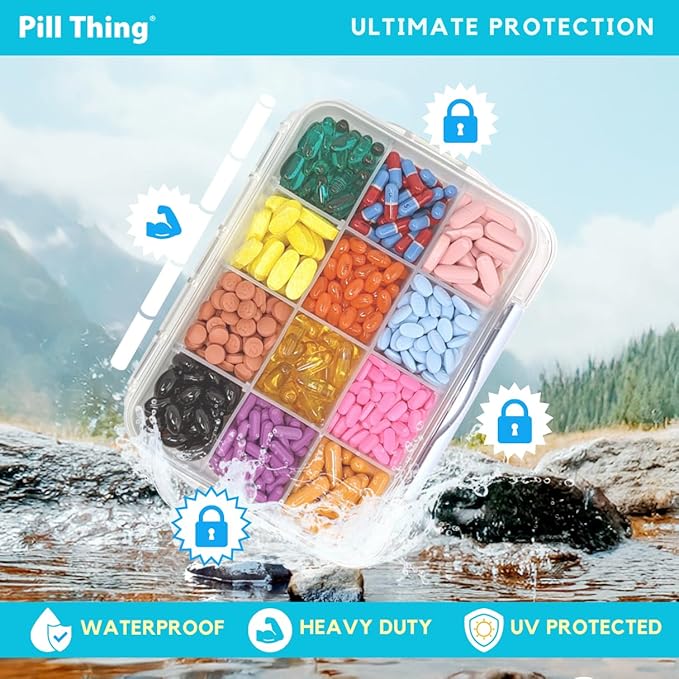 12 Compartment Large Pill Case with Airtight Seal - Silicone Gasket Waterproof Med Box with Medication Map (Clear, 1 Pack)