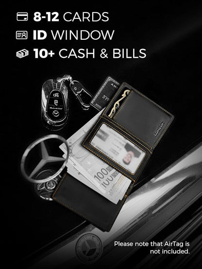 LORZOR Minimalist Wallet for Men with Credit Card Holder, Finest Full Grain Leather, Pop up Smart Wallet, Trifold Slim Wallet, RFID Blocking, Front Pocket, ID Window (Black/Yellow Black)