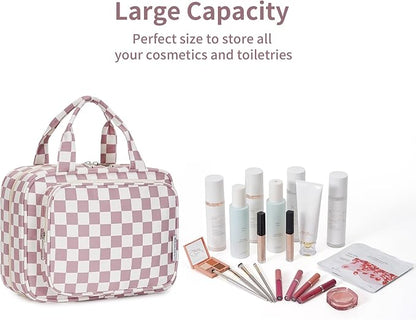 Narwey Hanging Toiletry Bag for Women Travel Makeup Bag Organizer Toiletries Bag for Travel Size Essentials Accessories Cosmetics (Dusty Pink Checkerboard (Medium))