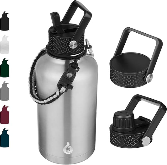 BJPKPK Half Gallon Insulated Water Bottles with Straw Lid, 64oz Large Water Jug, Stainless Steel Bottles with 3 Lids and Paracord Handle, Thermo for Hot & Cold Liquid, Stainless Steel