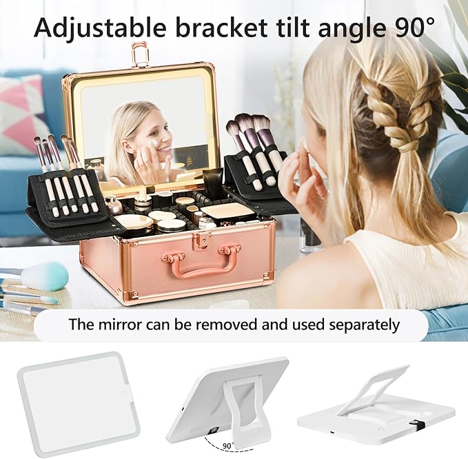 Rose Gold Makeup Case with Lighted Mirror, Detachable LED Mirror, Travel Makeup Train Case, Waterproof Cosmetic Organizer, Standing Makeup Brush Holder, Gift