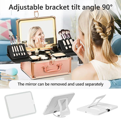 Rose Gold Makeup Case with Lighted Mirror, Detachable LED Mirror, Travel Makeup Train Case, Waterproof Cosmetic Organizer, Standing Makeup Brush Holder, Gift