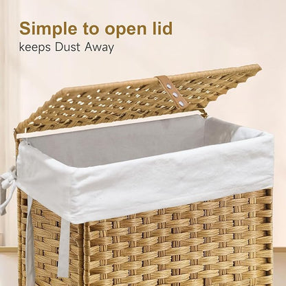 88L Slim Laundry Hamper with Wheels, 23.3 Gallon Rolling Laundry Basket with Lid, Tall and Narrow Laundry Hamper with 2 Removable Liner & 3 Mesh Bags, Laundry Sorter for Bathroom, Natural