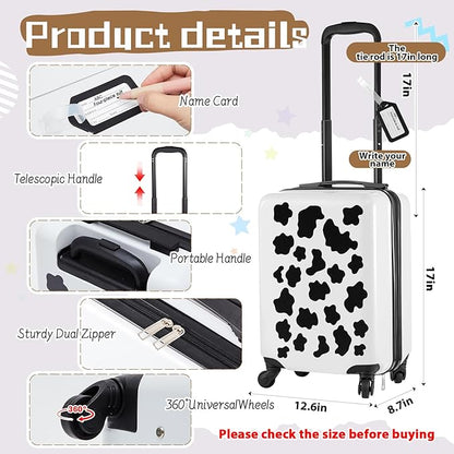 Redbaker 6 Pcs Kids Luggage Set 17 Inch Kids Rolling Luggage Double Pattern Suitcase for Girls Boys School Gift (Black and White,17 Inch,Cow Style)