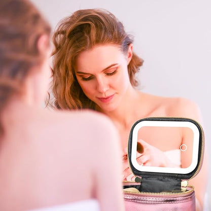 Small Makeup Bag with Led Mirror, Mini Travel Make up Bag 3 Light Modes Adjustable Brightness, for Women Organizer Cosmetic Bag, Portable Travel Train Toiletry Bag, for Pool Parties Work Touch-Ups