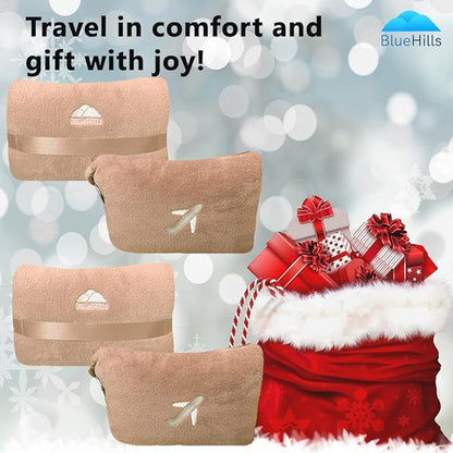 BlueHills 2-Pack Mini Premium Soft Plush Travel Blanket Pillow Airplane Essentials for Two in bag Flight Traveling Warm Portable Plane Blankets Compact Cozy Traveler Backpack Blankets Warm Beige - M26