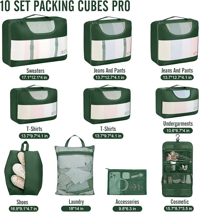 Veken 10 Set Packing Cubes for Travel Essential, Suitcase Organizer Bags in 4 Sizes, Carry-On Luggage Accessories with Large Laundry & Hanging Toiletry Bag, Must-Have for Airplane, Road Trip & Camping