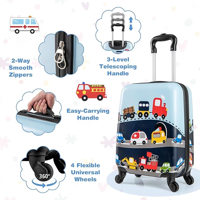 BABY JOY 2 PCS Kids Luggage, 16” Carry-on Hardshell Suitcase with Wheels & Hardside Backpack for Boys Girls, Airline-Approved Toddler Travel Luggage Set (Little Car)