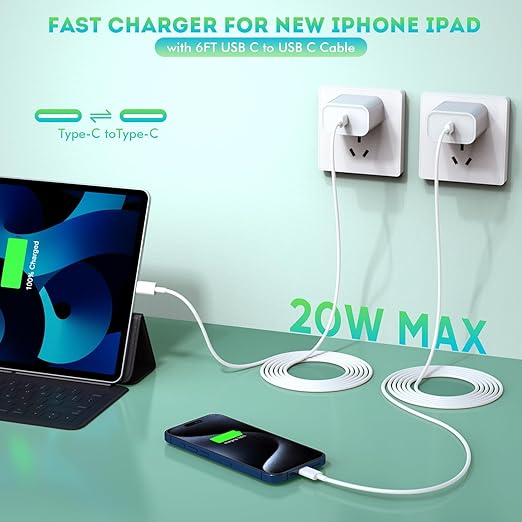 iPhone 16 15 Charger Fast Charging,6FT Type C to USB C Cable Cord,20W USB C Charging Block for Apple iPhone 16/16 Plus/iPhone 15 Plus/15 Pro Max,iPad Pro 12.9/11 inch/Air/Mini,Wall Plug Power Adapter