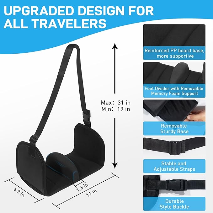 Airplane Foot Hammock, Foot Hammock for Travel Accessories with Ergonomic Removable Foot Divider Design, Airplane Foot Rest, Premium Comfortable Memory Foam & Hardboard for No Feet Clashing(Large)