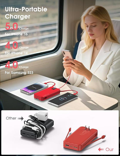 Portable Charger, 20000mAh 22.5W Fast Charging Power Bank with Built-in Cables & Wall Plug, Travel Essentials Battery Pack with LED Display, USB C External Battery Bank for iPhone iPad, Samsung Red