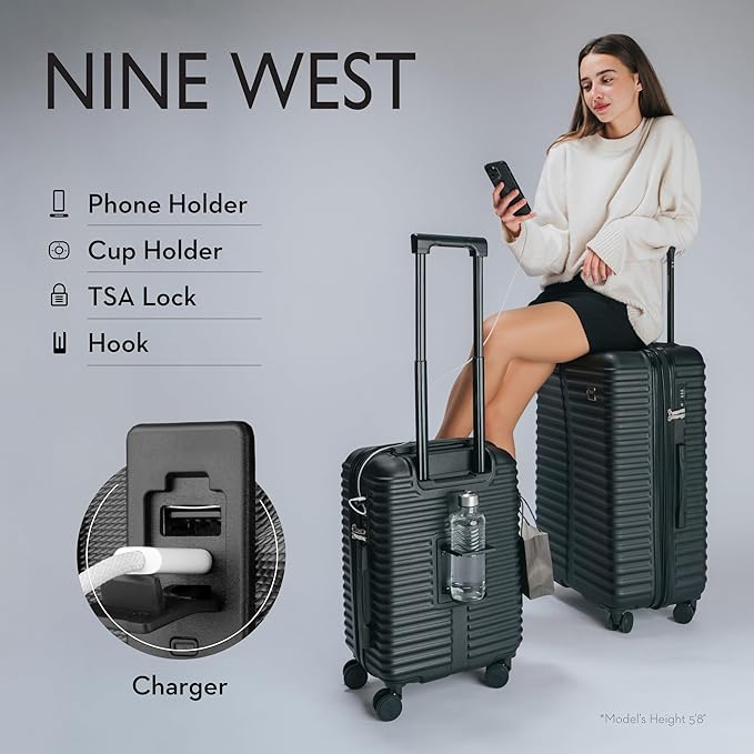 Nine West Suvi 2-Piece Smart Luggage Set (20/28), Hardshell Spinners with Cup Holder & USB Port, Expandable & Scuff-Resistant Surface Midnight Black