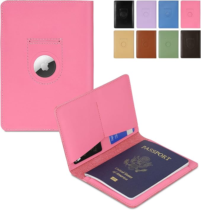 Full Grain Leather AirTag Passport Holder Wallet Cover for Men and Women Travel, Passport Holder with AirTag Slot Passport Wallet, Travel Essentials Genuine Leather Passport Cover Gifts (Pink)