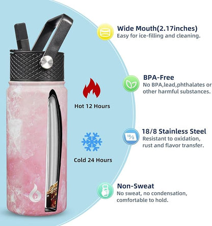 BJPKPK Insulated Water Bottles with Straw Lid, 18oz Stainless Steel Metal Water Bottle, Cold Hot Thermo with 3 Lids, Leak Proof BPA Free Travel Cup, Wide Mouth Flasks - Blossom