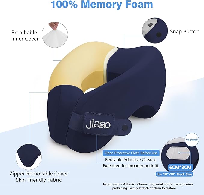 jiaao Neck Pillow Airplane, Memory Foam Travel Neck Pillows for Long Flight, 3D Eye Masks, Ear Plugs and Portable Drawstring Bag, Napping Pillow for Home, Road Trips, Sleep Rest and Travel Use