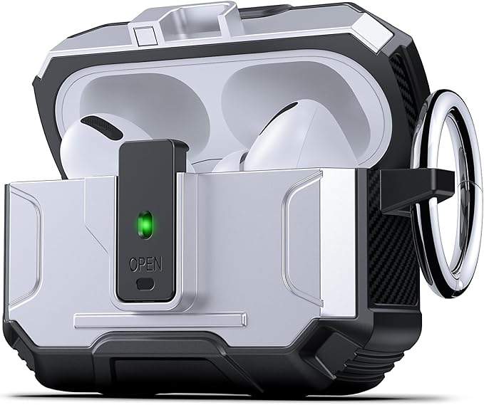 DASFOND Armor Earphone Cover Case for Airpods Pro, Military Grade Full Body Shockproof Protection Hard Case, Support Wireless Charging with Keychain, Magnetic Lid, Front LED Visible, Silver
