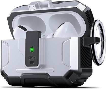 DASFOND Armor Earphone Cover Case for Airpods Pro, Military Grade Full Body Shockproof Protection Hard Case, Support Wireless Charging with Keychain, Magnetic Lid, Front LED Visible, Silver