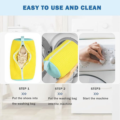 Shoe Washing Machine Bag, 2Pcs Laundry Shoe Bags for Washer and Dryer, 360° Deep Clean, Reusable Cleaning Kit for All Shoe Sizes, Endurable Zipper Washing Bag for Sneaker Gym Shoes, Yellow