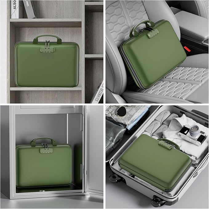 DocSafe Fireproof File Organizer with Lock, Hard-Shell Case Fireproof Document Box with 13 Pocket Accordion File Folder, Portable Home Office Travel Safe Storage for Important Documents Laptop Green