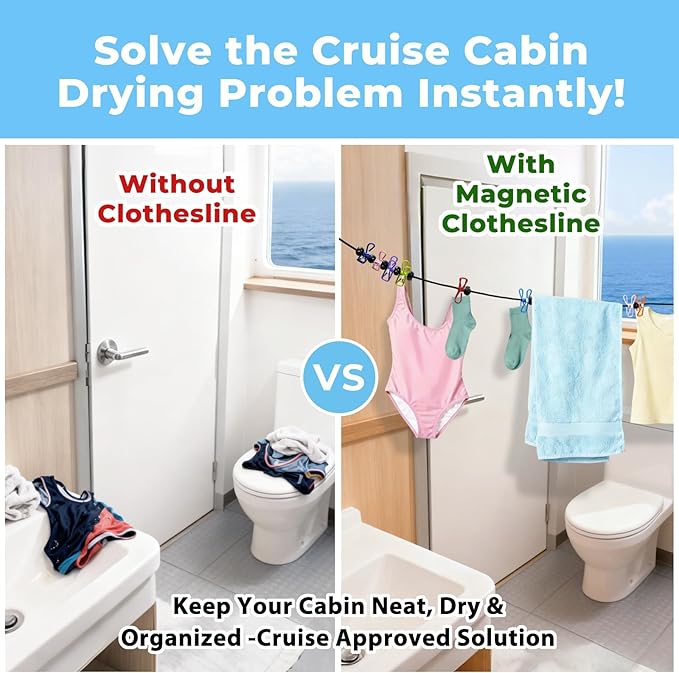 Magnetic Clothesline for Cruise Ship Cabin Approved – Non-Scratch Rubber-Coated Magnets with 12 Clips & Waterproof Storage Bag, Portable Travel Clothes Line, Cruise Essentials 2025