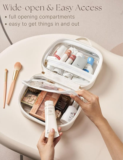 Clear Cosmetic Bag Double Layer Travel Toiletry Bag Clear Makeup Bag Case with 4 Compartments, Transparent Travel Bag for Toiletries, Large Toiletry Bag for Women Cosmetic Case (White, Small)