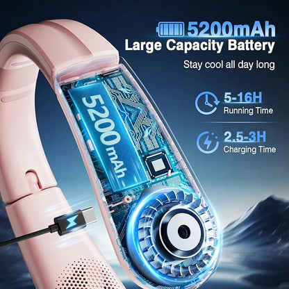 ChillGo Portable Neck Fan - 8400 RPM Enlarged Turbo Airflow - 5200mAh Personal Rechargeable Cooling Wearable Fan - Max 16H, 4 Speeds, Foldable, LED Display - Great Gifts for Men Women - 2nd Gen Pink
