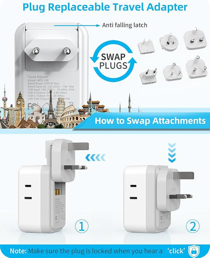 International Power Adapter Set, US to Worldwide Universal Travel Adapter- 4 AC Outlets 4 USB Ports (2 USB C), Type C/G/A/I/D/M Detachable Charger Plug for EU/UK/AUS/Japan/South Africa