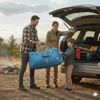 Bago Large Foldable Duffel Bags for Traveling Women & Men - 120L Packable Duffle Bag for Travel with Shoe Compartment - Water Repellant, Heavy Duty, Lightweight Folding & Collapsible (Blue)