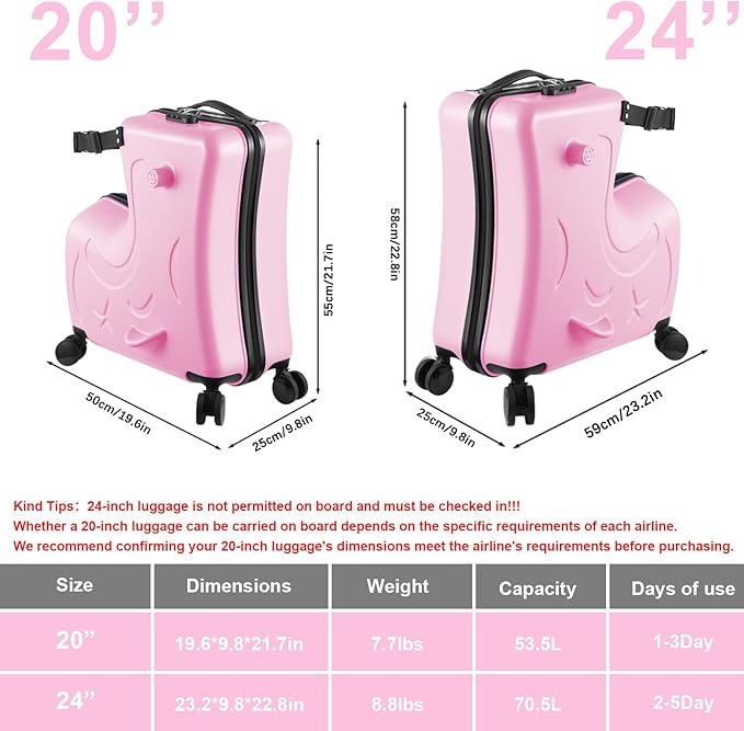 20 Inch Riding Trolley for Kids,Toddler Luggage Seat Ride with Lock | Kids Travel Suitcase with Safety Belt, Wheels for Toddler Airplane Travel, ABS+PC (Pink)
