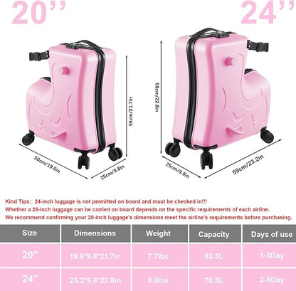 20 Inch Riding Trolley for Kids,Toddler Luggage Seat Ride with Lock | Kids Travel Suitcase with Safety Belt, Wheels for Toddler Airplane Travel, ABS+PC (Pink)
