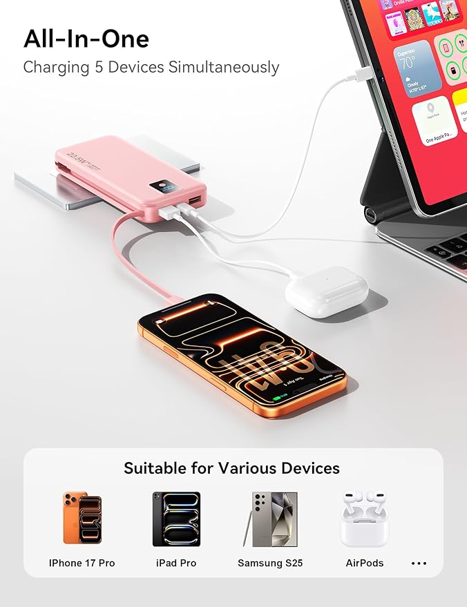 Portable Charger, 12000mAh 22.5W Fast Charging Power Bank with Built-in Cables & Wall Plug, Travel Essentials Battery Pack with LED Display, USB C External Battery Bank for iPhone iPad, Samsung Pink