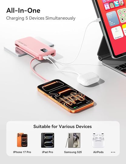 Portable Charger, 12000mAh 22.5W Fast Charging Power Bank with Built-in Cables & Wall Plug, Travel Essentials Battery Pack with LED Display, USB C External Battery Bank for iPhone iPad, Samsung Pink