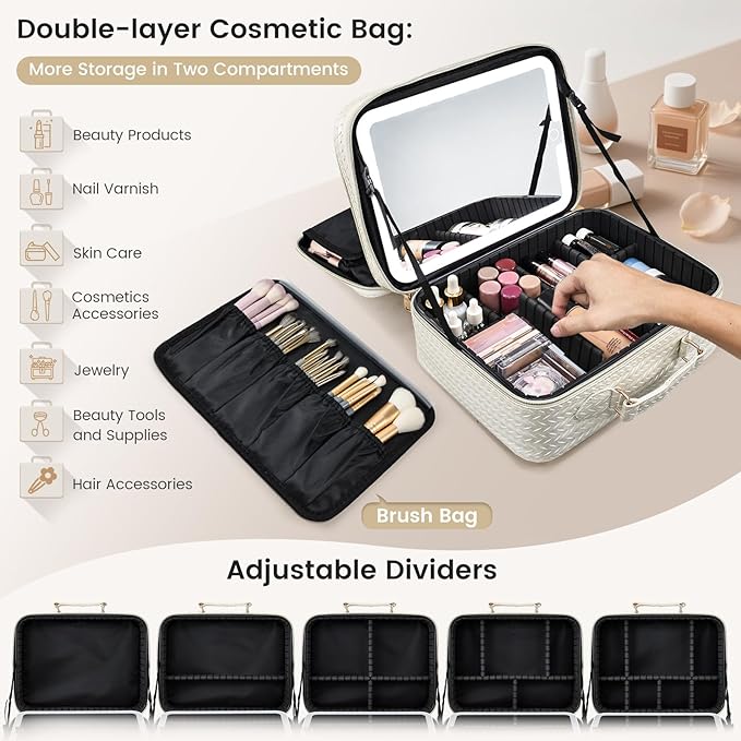 Makeup Bag with LED Lighted Mirror 12.2 IN Travel Double Layer Makeup Case Adjustable Brightness in 3 Colors Cosmetic Organizer Artist Storage with Dividers Brush Holder Vanity Beige