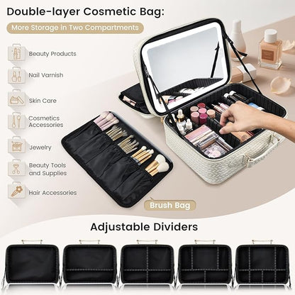 Makeup Bag with LED Lighted Mirror 12.2 IN Travel Double Layer Makeup Case Adjustable Brightness in 3 Colors Cosmetic Organizer Artist Storage with Dividers Brush Holder Vanity Beige