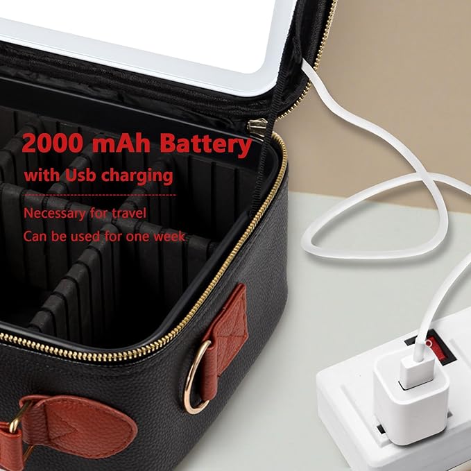 Travel Makeup Bag with Light Up Mirror, Portable Makeup Bag with Led Light Women Waterproof Makeup Travel Case adjustable dividers Rechargeable Vanity Mirror with 3 Color Lights (Black)