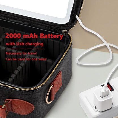 Travel Makeup Bag with Light Up Mirror, Portable Makeup Bag with Led Light Women Waterproof Makeup Travel Case adjustable dividers Rechargeable Vanity Mirror with 3 Color Lights (Black)