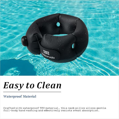 Inflatable Neck Pillow, Portable Travel Neck Pillow for Long Flight, Storable Black Neck Pillows with Washable Cover, Adjustable Air-Fill Support