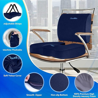 CloudBliss Seat Cushion,Office Chair Cushion,Car Seat Cushion,Lumbar Support Pillow for Office Chair,Back Support Memory Foam Pillow Coccyx Cushion for Tailbone Pain&Sciatica Pain Relief,Blue, X-Large