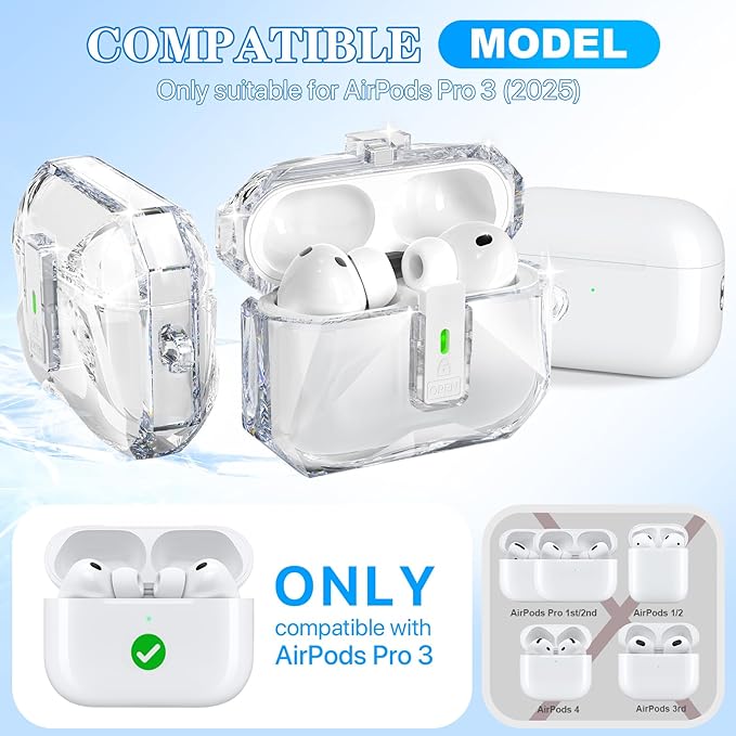R-fun for AirPods Pro 3 Case (2025) Cover with Cleaning Kit, Military-Grade Shockproof Transparent Non-Yellowing, Auto Pop-Up Lid Design for AirPods Pro 3rd Generation Case, Clear White