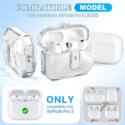 R-fun for AirPods Pro 3 Case (2025) Cover with Cleaning Kit, Military-Grade Shockproof Transparent Non-Yellowing, Auto Pop-Up Lid Design for AirPods Pro 3rd Generation Case, Clear White