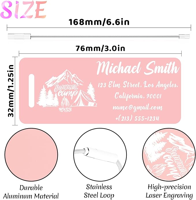 4 PCS Personalized Luggage Tags for Suitcase, Custom Engraved Aluminum Luggage Tags with Your Personalized Text Logo, Metal Name Tags with Steel Loop for Bag, Suitcase, Backpack (Pink, Small)