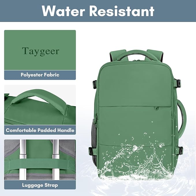 Taygeer Travel Backpack for Women Men, 40L Airline Approved Carry On with 17.3 inch Laptop Compartment, TSA Friendly Daypack with USB Charging Port, Backpack for Business Hiking Travel, Peridot Green
