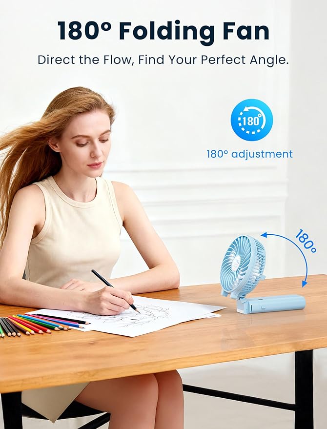 HandFan 5200mAh Handheld Fan Rechargeable, 20H Runtime Hand Fan, 3 Speeds Strong Airflow, Personal 180° Foldable Portable Fans for Travel/Summer/Concerts/Lash/Commute, Gifts for Women (Blue)