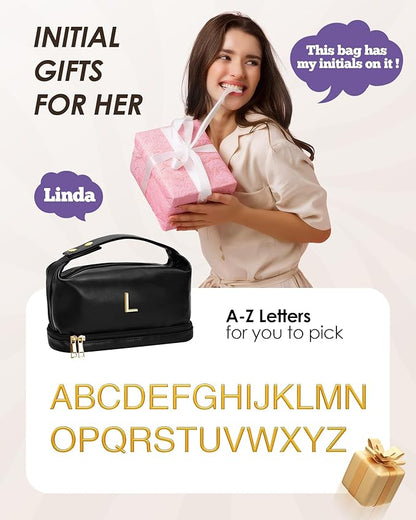 Initial Cosmetic Bags Personalized Bags with Handle, Waterproof Double Layer Makeup Bag, Large Capacity PU Leather Makeup Bags Letter Travel Toiletry Bag with Makeup Brush Organizer