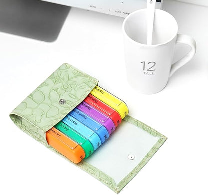 Pill Organizer,LIZIMANDU Weekly Travel Pill Case Box Medication Reminder Daily AM PM, Day Night 7 Compartments,for 4 Times A Day, 7 Days a Week-Includes Leather PU Carrying Case(1-Carved Green4)