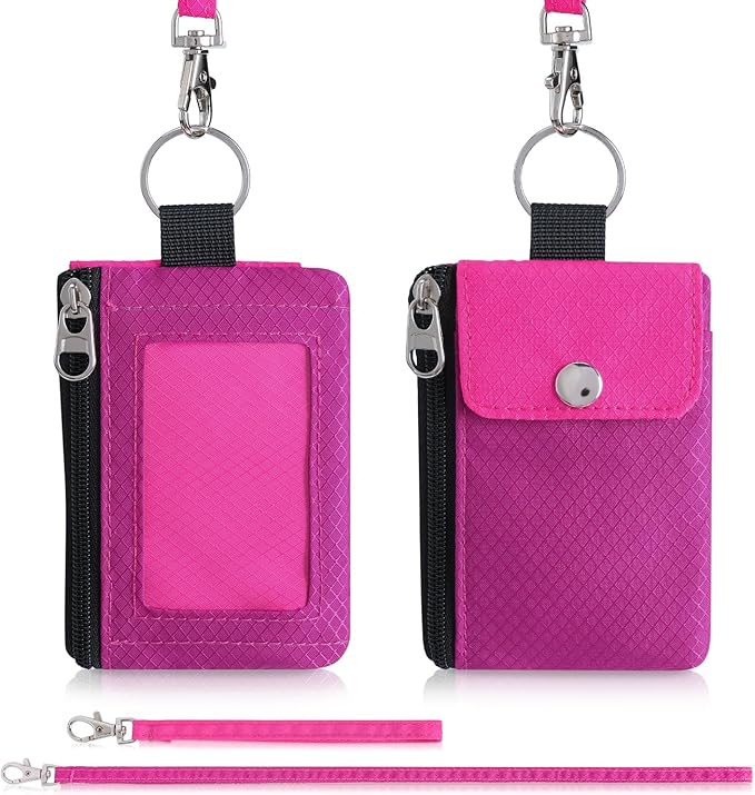 Minimalist Wallet For Mens Womens, Keychain RFID Blocking Zipper Small Wallet with ID Window 2 Lanyards,Water Resistant Travel Cash Card Coin Case Boys Girls