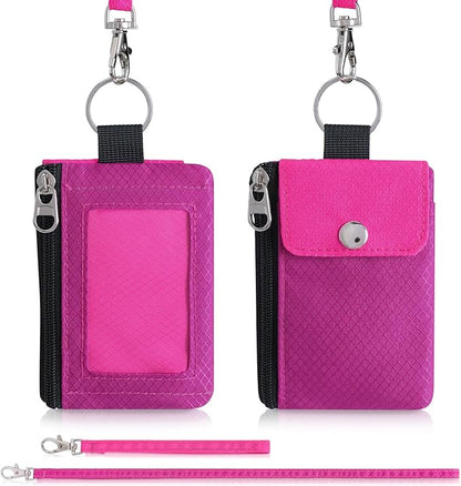 Minimalist Wallet For Mens Womens, Keychain RFID Blocking Zipper Small Wallet with ID Window 2 Lanyards,Water Resistant Travel Cash Card Coin Case Boys Girls