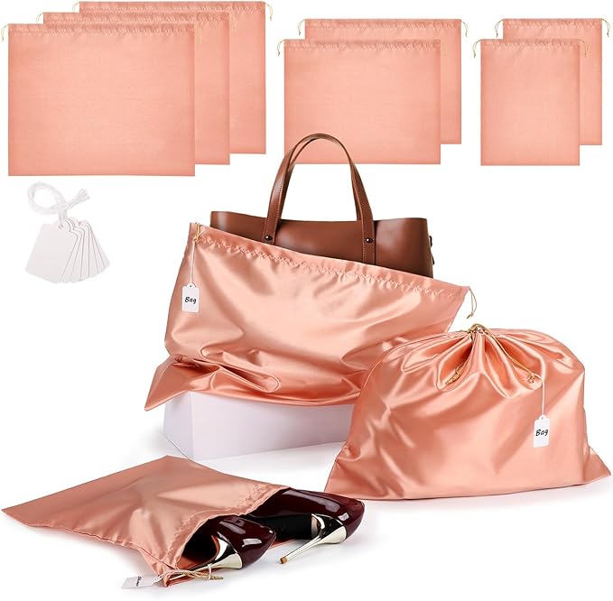Ewen 7Pcs Dust Bags for Handbags, Silk Cloth Bag with Drawstring, 2Pcs 19.6x15.7in Bag for Purse, 2Pack 11.8x15.7in Storage for Shoes, 3Pack 23.6x19.6in Dust Bags, Pink Orange Pouch Cover for Travel