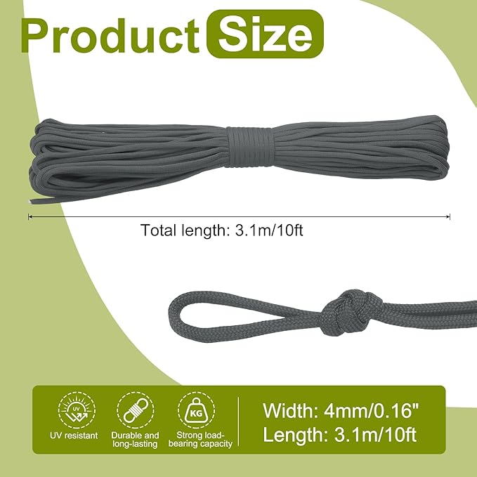 uxcell 4mm Nylon Rope, 10ft Portable Clothesline for Luggage and Backpack Tie Downs, Hanging Clothes, Swings, Camping and Mountaineering Tie Downs, Dark Gray